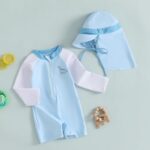 Geagodelia Baby Boy Swimming Costume Infant Boys One Piece Swimsuit Long Sleeve Contrast Color Dinosaur Bathing Suit Summer Rash Guard Sun Hat - Image 3