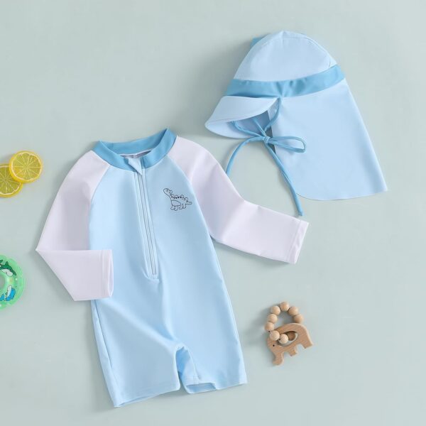 Geagodelia Baby Boy Swimming Costume Infant Boys One Piece Swimsuit Long Sleeve Contrast Color Dinosaur Bathing Suit Summer Rash Guard Sun Hat - Image 3