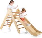 GYMAX 2 in 1 Kids Climbing Set, Wooden Toddler Climber with Slide, Outdoor Indoor Montessori Climbing Toys for 3 Years Old + Boys Girls (Natural)