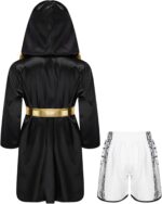 Miaeowve Kids Boys Boxing Outfit Open Front Hooded Grown Cloak Metallic Satin Robe with Belt and Boxer Shorts Set - Image 2