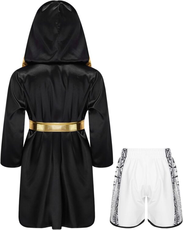 Miaeowve Kids Boys Boxing Outfit Open Front Hooded Grown Cloak Metallic Satin Robe with Belt and Boxer Shorts Set - Image 2