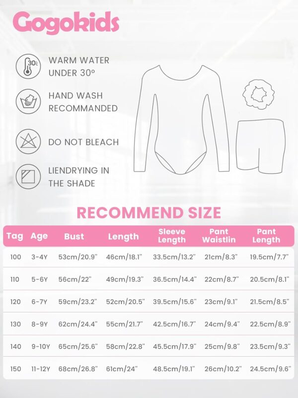 Gogokids Girls' Three-Piece Longsleeve Gymnastics Leotard Set - Kids Gymnastics Outfits with Gradient Sequin Design Includes Leotard, Shorts and Hair Tie, Sparkling Ballet Unitards for Ages 3-12 - Image 9