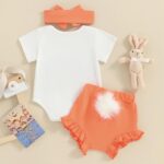 Dubute Newborn Infant Baby Girl Easter Outfit Short Sleeve Romper Bunny Shorts Bloomers with Headband Summer Set - Image 3