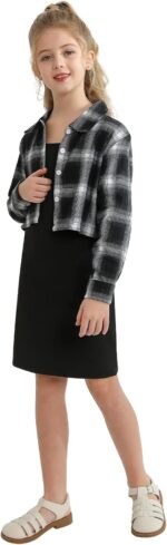 Kids Girl 2 Piece Outfits Teen Girls Sleeveless Bodycon Dress with Crop Jacket Children Plaid Long Sleeve Tops Shirts + Cami Short Dress Set Clothes - Image 3