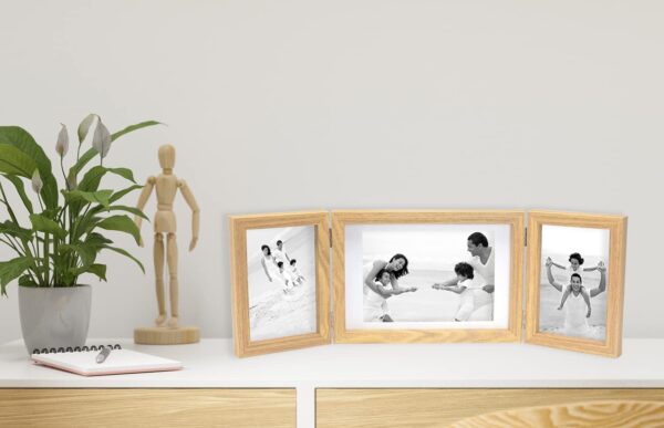 Triple Multi Photo Frame 2-6x4 and 7x5'', Hinged Foldable Picture Frames for Multiple Pictures 2-4x6 and 5x7'', Natural Wood effect College Picture Frame for Desktop Family Photo Farme. - Image 5