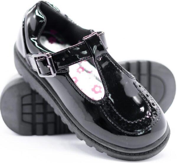 Girls Kids Flat Black Back to School Loafers Dolly T-BAR Strap Buckle Shoes - Image 3