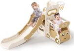 Kids Slide,4 in 1 Indoor Kids Slide,with Basketball Hoop, Basketball,Car head storage,1950mm Extra Long Slide,for Ages 18-36 Months(Beige-Brown)