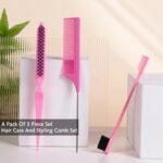 3 Pcs Slick Back Hair Brush Set with Edge Brush, Rat Tail Comb, Bristle Brush, Teasing Brush Set for Smoothing Baby Hair & Flyaways (pink) - Image 3