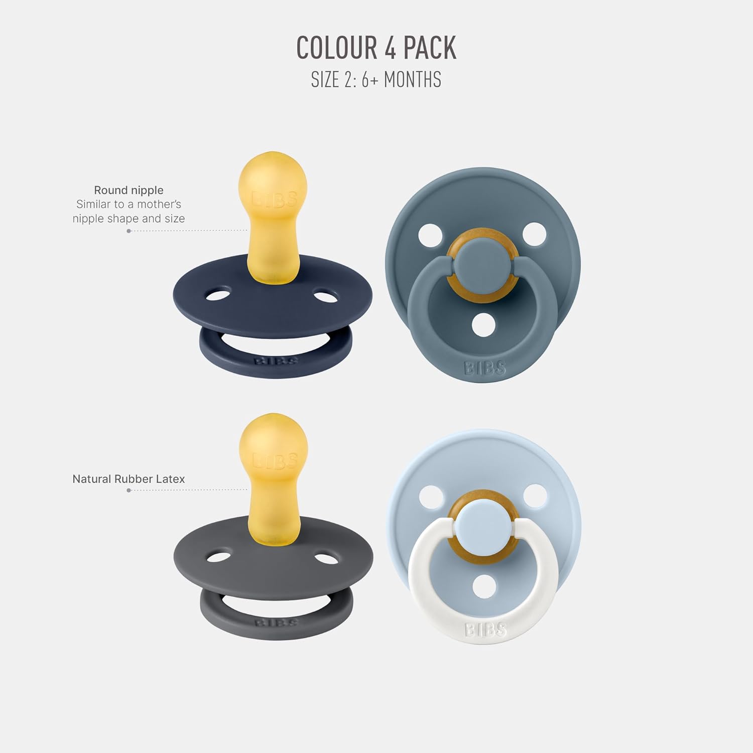 61iwXVYwtnL._AC_SL1500_.jpg BIBS Colour Soother 4-Pack, BPA Free Dummy Pacifier, Round Nipple. Natural Rubber Latex, Made in Denmark. 6-18 Months (Pack of 4), Petrol Glow Mix - Image 1