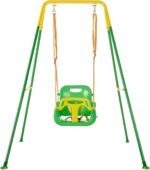 FUNLIO Toddler Swing with 4 Sandbags, Heavy-Duty Kid Swing with Safety Harness for Garden, Indoor Swing for Baby with Folding Metal Stand, Outdoor Play Equipment for Children - Light Green