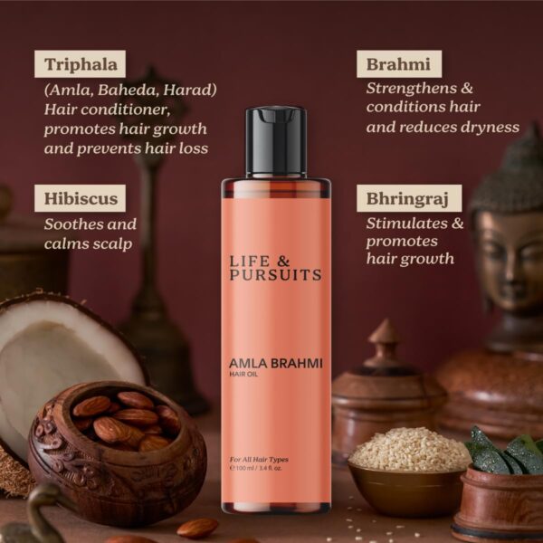 Life & Pursuits Amla Brahmi Hair Oil for Hair & Scalp Health - 100 ml | Natural, Indian Ayurveda Oil for Healthy & Shiny Hair | Coconut, Castor, Sesame, Triphala, Gotukola - Image 2