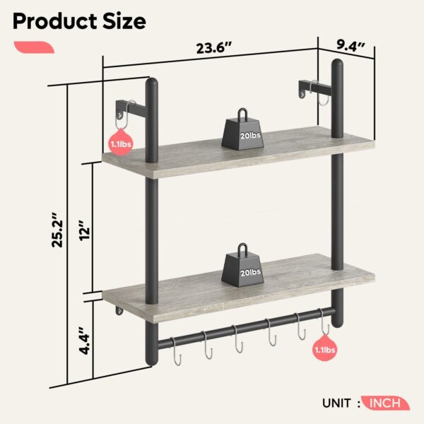 Bestier Floating Shelves Kitchen Shelves Wall Mounted 24" Wood Floating Shelf Bathroom 2 Tier Ladder Shelves with Tower Bar, Wall Decor for Bedroom, Living Room, Wine bar & Dorm,Grey Oak - Image 2