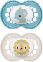 MAM Original Soothers 6+ Months (Pack of 2), Baby Soothers with Self Sterilising Travel Case, Newborn Essentials, Blue (Designs May Vary)