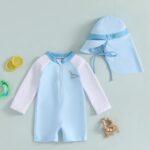 Geagodelia Baby Boy Swimming Costume Infant Boys One Piece Swimsuit Long Sleeve Contrast Color Dinosaur Bathing Suit Summer Rash Guard Sun Hat - Image 2