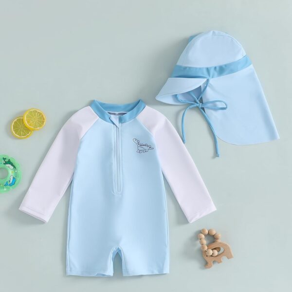 Geagodelia Baby Boy Swimming Costume Infant Boys One Piece Swimsuit Long Sleeve Contrast Color Dinosaur Bathing Suit Summer Rash Guard Sun Hat - Image 2