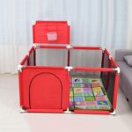 MYYINGBIN Baby Playpen With Basketball Frame Non-slip Mat Toddlers Safety Fence Infant Play Area, 128×128×66CM, red - Image 2