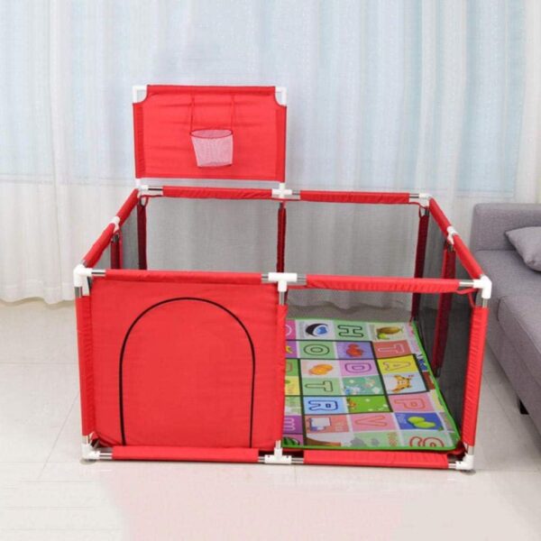 MYYINGBIN Baby Playpen With Basketball Frame Non-slip Mat Toddlers Safety Fence Infant Play Area, 128×128×66CM, red - Image 2
