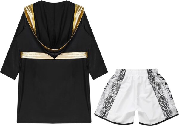 Miaeowve Kids Boys Boxing Outfit Open Front Hooded Grown Cloak Metallic Satin Robe with Belt and Boxer Shorts Set - Image 4