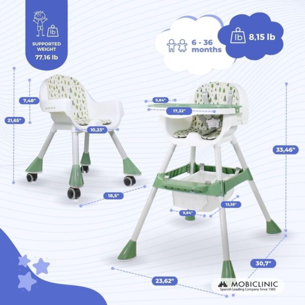 Mobiclinic®, High Chair, 2 in 1, Adjustable Height, Baby Highchair, Double Tray, Baby and Toddler Chair, 5-Point Safety Harness, Removable Wheels, Up to 35 kg, Forest, Storage Basket, 360º Wheels - Image 2