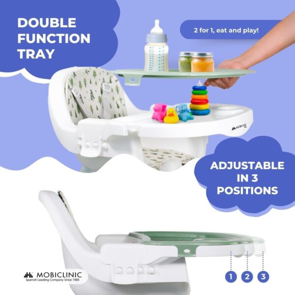 Mobiclinic®, High Chair, 2 in 1, Adjustable Height, Baby Highchair, Double Tray, Baby and Toddler Chair, 5-Point Safety Harness, Removable Wheels, Up to 35 kg, Forest, Storage Basket, 360º Wheels - Image 6