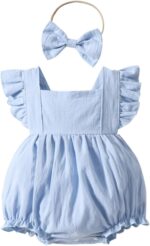 Yanmucy Baby Girls Cotton Rompers Newborn Toddler Ruffle Sleeveless Backless Bodysuit with Headband Summer Baby Overall Outfits 0-18 Months