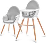 Kinderkraft Fini 2-in-1 High Chair, Baby Chair, Combination High Chair, Wooden Legs, Seat Belts, Footrest, Double Tray, from 6 Months to 5 Years, 5 Point Straps, Grey