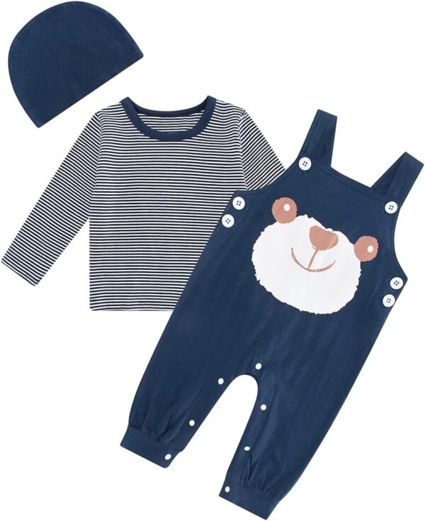 Infant Baby Boys Clothing Sets Newborn Baby Cotton Romper Outfits Suit Toddler Kids Pyjamas 3pcs Long Sleeves T-Shirt + Star Pattern Dungarees+ Hat 0-24 Months - Image 2