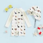 Beauace Baby Boy Swimsuit Long Sleeve Zipper Animal Print Romper Toddler Bathing Suit Toddler Girls Swimwear Outfit with Sun Hat - Image 2