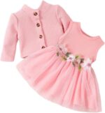 IBTOM CASTLE Baby Girls Floral Print Dress Cardigan 2PCS Set Newborn Infant Sleeveless Cotton Dresses with Bow Coat Brithday Dress Toddler Girls Clothes