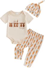 Vioyavo Baby Boy Girl Easter Outfit Newborn Clothes Letter Bunny Short Sleeve Romper Carrot Pants Knotted Hat 3 Piece Set