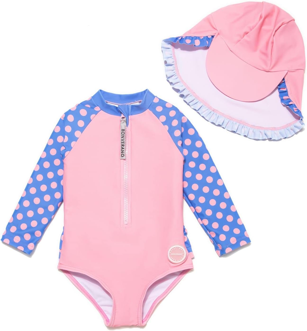 61sECk110ZL._AC_SL1500_.jpg BONVERANO Infant and Baby Girl Swimsuits/Rashguard One Piece UPF 50+ Sun Protection Ruffle Zipper with Sun Cap. - Image 1