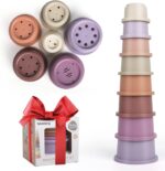Norkbeng Baby Stacking Cups for 6 12 18 Months, 8 Pieces Rainbow Stacker Tower Bath Toy Sand Toy Rabbit Nesting Cups, Montessori Stacking Game Educational Gift for 1 2 3 Years Old Boys Girls
