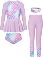 GRACE KARIN Girls 4pcs Set Swimsuit Long Sleeve Tops+Pants+Briefs+Hair-Band Swimwear
