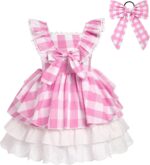 FYMNSI Baby Girls Toddler Kids Retro Pink Gingham Dress with Hair Bows 2pcs Set for Party Pageant Birthday Special Occasion