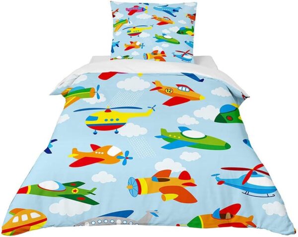 FANSU Children Boys Kids Duvet Cover Bedding Set 2 Piece, 3D Cartoon Car Print Easy Care Quilt Cover & Pillow Set for Nursery Toddler Cot Single Size Bed (Aircraft,120x150cm+40x60cm) - Image 3