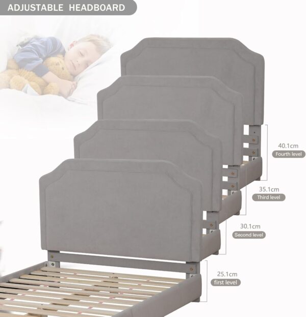 DGBAOBEI Velvet Wooden Kids Bed, Single Children Bed Frame with Headboard and Footboard, Solid Wood Toddler Bed for Child(Grey) - Image 3