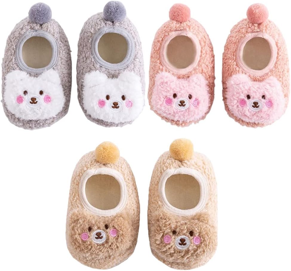 61v82yMrJIL._AC_SL1010_.jpg FedMois 3 Pairs Baby Boys Girls Non-Skid Indoor Fuzzy Slipper Shoes Socks Winter Warm - Image 1