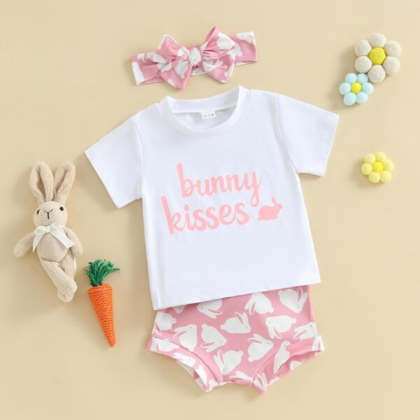 Dubute Easter Baby Girl Summer Outfits Bunny Print Short Sleeves T-Shirt + Bloomer Shorts + Headwear Clothes 3PCS Set - Image 4