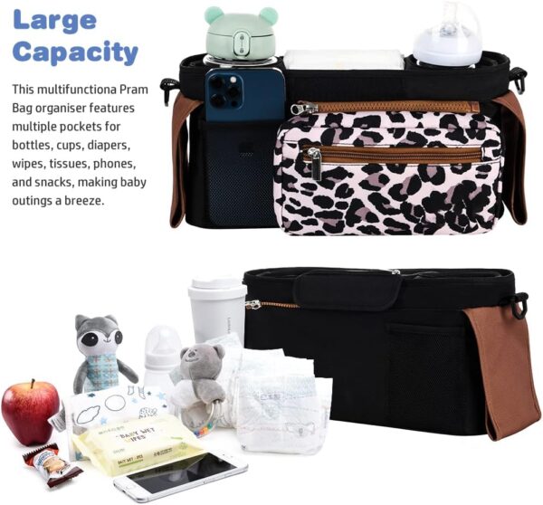 Tyuodna Baby Pram Bag Stroller,Universal Stroller Bag with 2 Insulated Cup Holder,Large Capacity Baby Bag Organiser,Buggy Organiser Bag with Shoulder Strap&Non-Slip Secure Hooks (Leopard Print) - Image 2