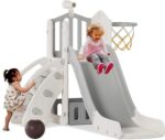 KORIMEFA 4-in-1 Kids Slide Toddler Climber Slide Set with Basketball Hoop, Storage Box and Telescope, Indoor Outdoor Freestanding Slider Garden Slide Playground for Toddlers Ages 18-36 Months