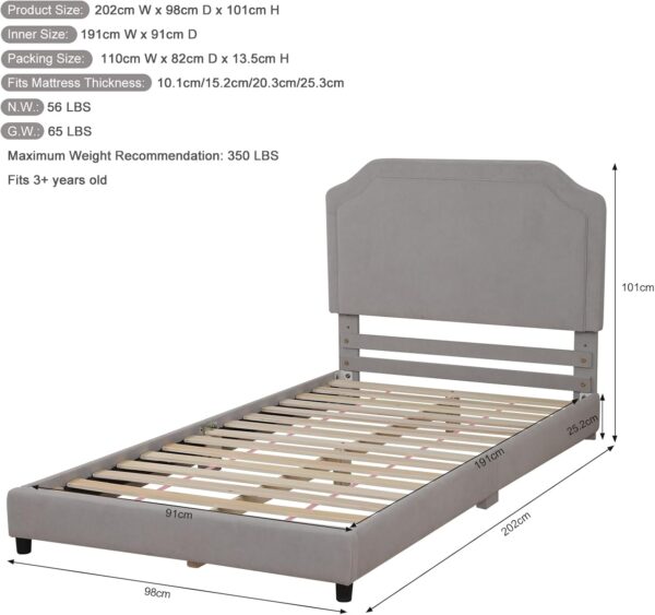 DGBAOBEI Velvet Wooden Kids Bed, Single Children Bed Frame with Headboard and Footboard, Solid Wood Toddler Bed for Child(Grey) - Image 2