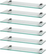 Harbour Housewares Floating Glass Wall Shelves - 60cm - Pack of 6 - Shelving Storage Vanity Display Shelf Unit with Silver Brackets for Bathroom, Shower, Kitchen, Living Room