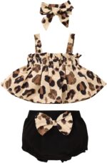 inlzdz Newborn Baby Girl Summer Clothes Outfits Leopard Print Straps Ruffle Crop Tops + Bowknot Shorts Bloomers Set