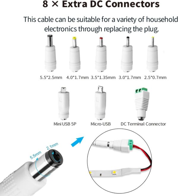 Tonton 5V Power Supply 2A 1A, 10W AC Adapter with 8 DC Plugs for Led Strip Light, Baby Monitor, Baby Swing, Digital Picture Frame, CCTV cameras, Android TV Box, Tablet, Bluetooth Speaker, 2M - Image 6