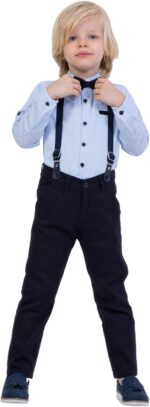 rise&Raba Shirt and Pants Set for Boys | 4-Piece Set Long-Sleeve Shirt, Pants, Suspenders, and Bow Tie | Clothing Sets for Babies and Boys