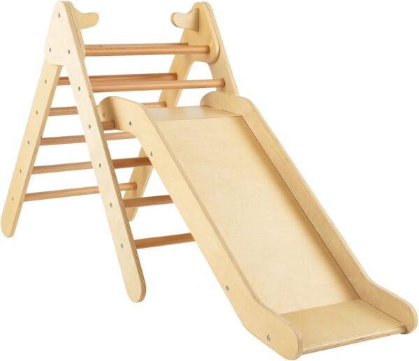 GYMAX 2 in 1 Kids Climbing Set, Wooden Toddler Climber with Slide, Outdoor Indoor Montessori Climbing Toys for 3 Years Old + Boys Girls (Natural) - Image 9