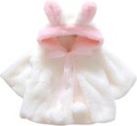 LAEMILIA Baby Girl Faux Fur Coat Cloak Hooded Fluffy Bunny Ears Warm Snowsuit Outerwear with Pompom