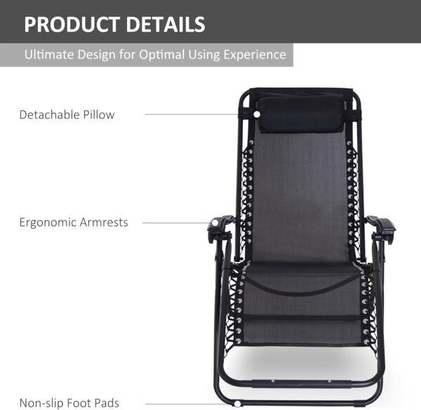 Outsunny Zero Gravity Chair Metal Frame Texteline Armchair Outdoor Folding and Reclining Sun Lounger with Head Pillow for Patio Decking Gardens Camping, Black - Image 7