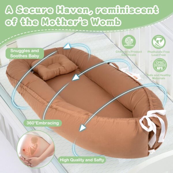 Baby Lounger for Newborn, Infant Lounger for 0-24 Months, Co Sleeper for Girls Boys, 100% Cotton Soft Adjustable Baby Floor Seat for Travel, Portable Baby Nest Lounger(Brown) - Image 3