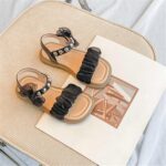 Girls Sandals Open Toe Mesh Design Sandals Bowknots Flat Sandals Summer Dress Shoes Leather Sandals for Girls Size 13 (Black, 12.5 Little Child) - Image 2